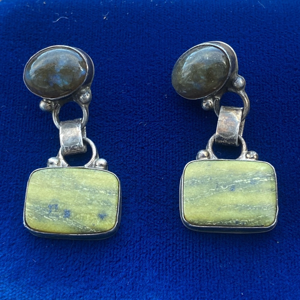 Gorgeous Native American Sterling Drop Earrings w Green Turquoise & Opal Apodaca